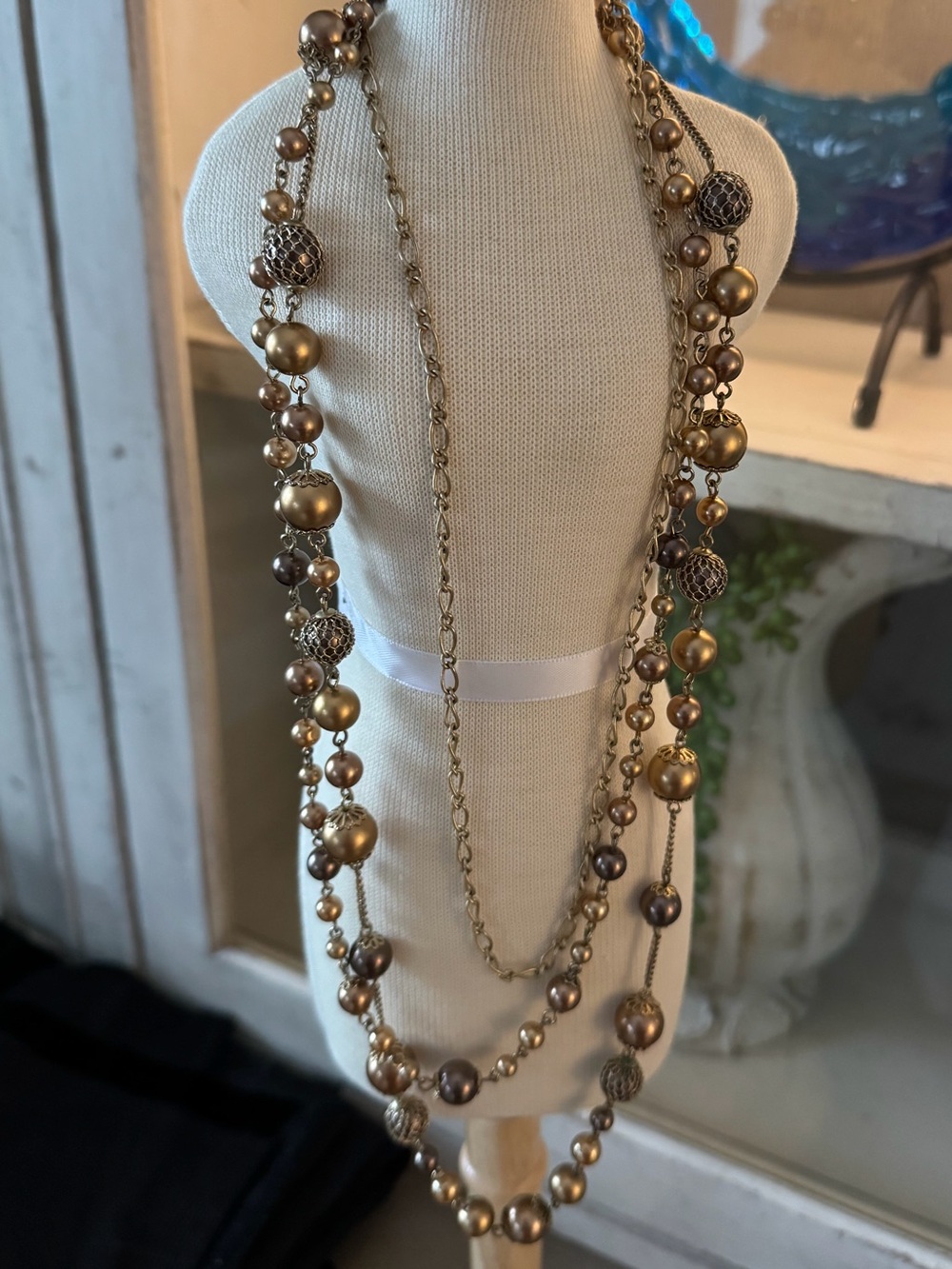 Gold and Bronze Multi-Strand Beaded Necklace
